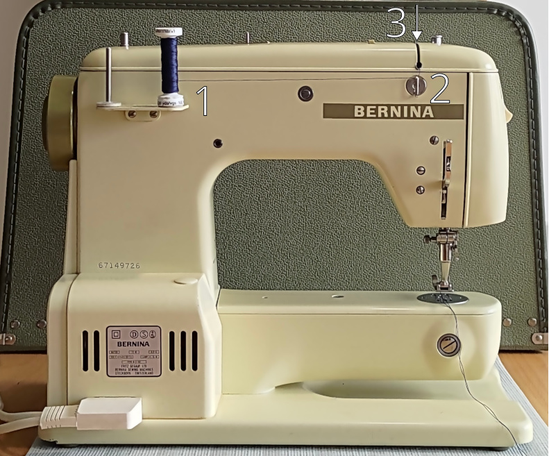 Shows the back of the Minimatic 707. There is a 1 next to the pin for the thread, a 2 next to eyelet and a 3 with an arrow pointing to the tension disc.