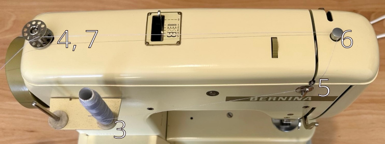 Shows the top and back of the Minimatic 707. There is a 3 next to the spool, a 5 next to the eyelet, a 6 next to the bobbin tension, a 4 and a 7 next to the bobbin.