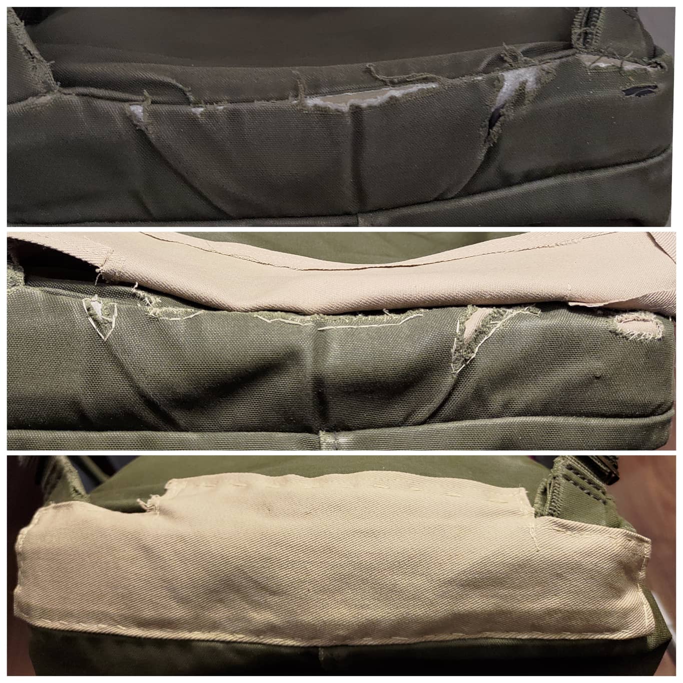 On top the bottom of a green backpack is showing many tears. In the middle the holes are patched, a beige fabric is attached on one side and flipped up. The bottom image shows the fabric fully attached and covering all holes.