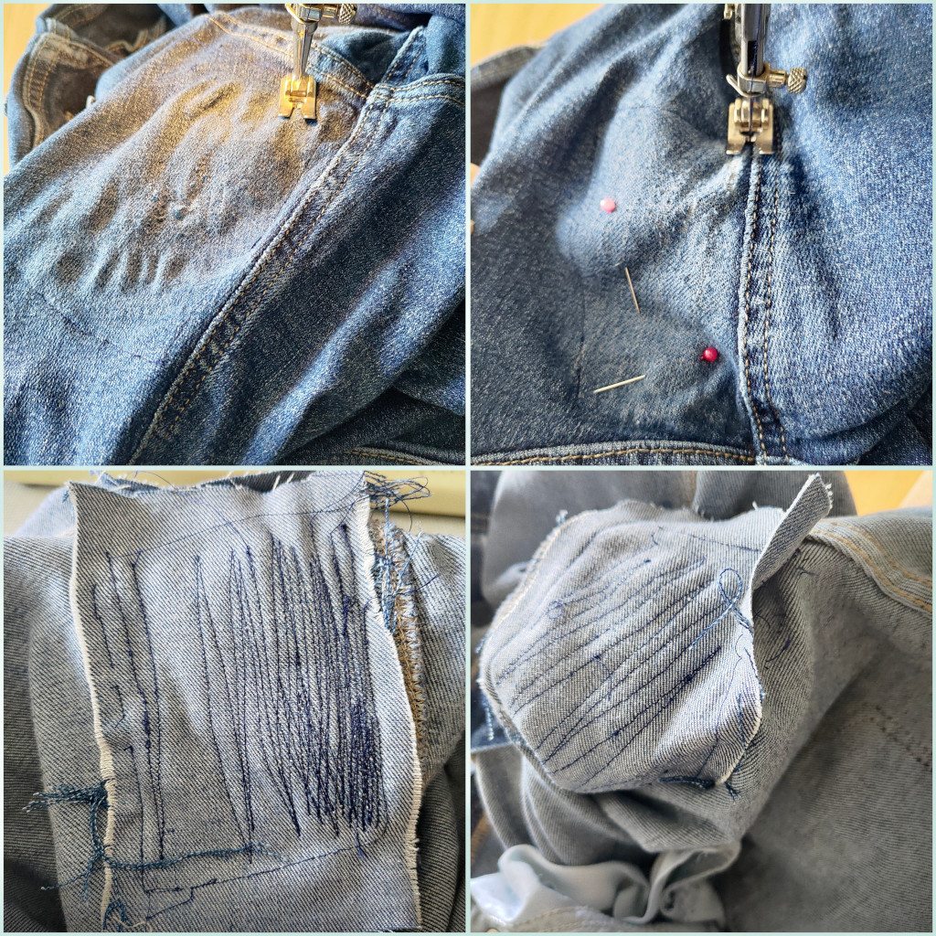 a collage of four pictures showing the outside of the jeans crotch on top and the already sewed inside on the bottom