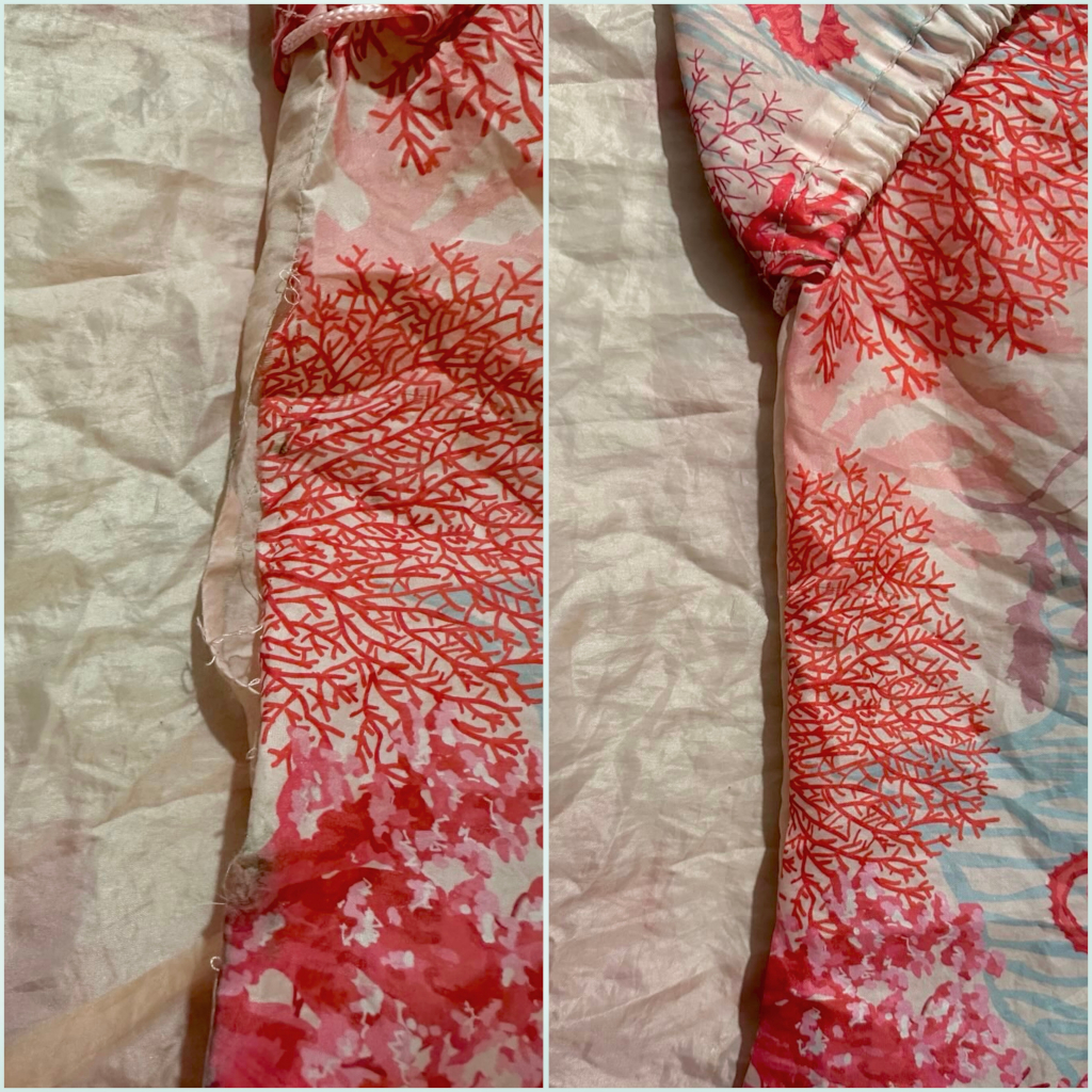 on the left is a pink shopping bag with ripped seams, on the right is the same bag but fixed